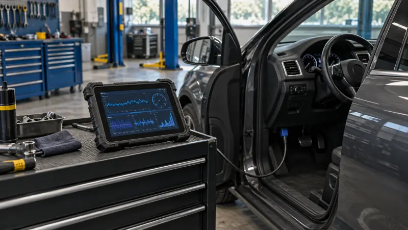 Tablet di diagnosi collegato a un’auto, immagine illustrativa